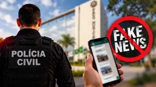 Imagem ilustrativa sobre notícias falsas em Rio Verde, com representação de policial civil, celular com mensagens e prédio do Paço Municipal ao fundo.