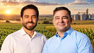 Montagem com Geneilton Assis, prefeito de Jataí, e Wellington Carrijo, prefeito de Rio Verde, diante de uma paisagem agrícola que representa a força do agronegócio no sudoeste de Goiás.