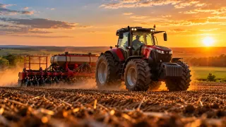 Trator vermelho realiza operação de plantio em área agrícola, ilustrando os custos do diesel na mecanização da safra.