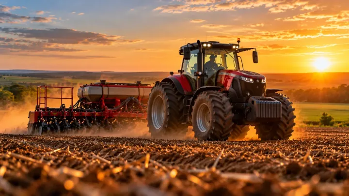 Trator vermelho realiza operação de plantio em área agrícola, ilustrando os custos do diesel na mecanização da safra.