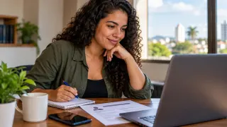 Mulher consulta oportunidades de emprego em um notebook, com currículo e anotações sobre a mesa.