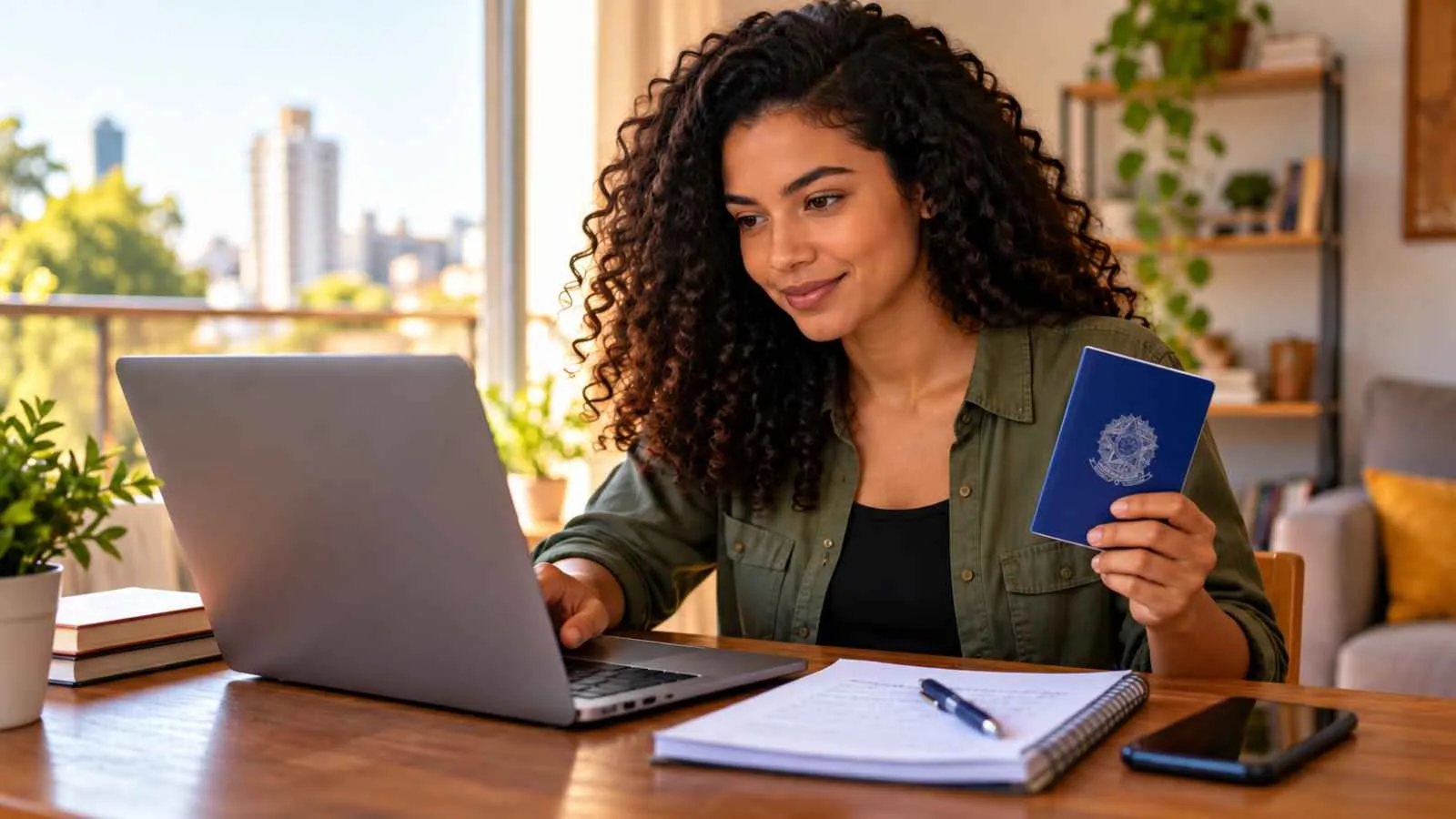 Mulher segura uma carteira de trabalho azul enquanto consulta informações em um notebook, sentada à mesa.
