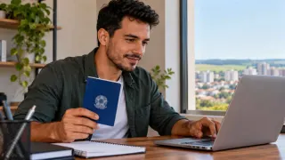 Homem segura uma carteira de trabalho azul enquanto consulta um notebook sobre uma mesa.