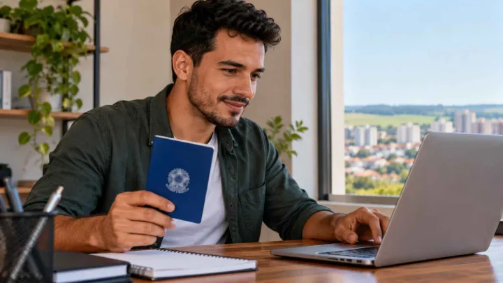 Homem segura uma carteira de trabalho azul enquanto consulta um notebook sobre uma mesa.